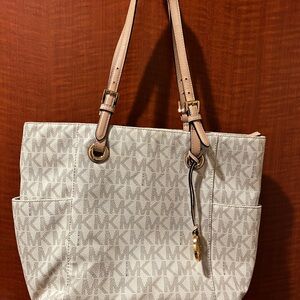 Michael Kors Cream Logo Tote with Tan Leather Straps